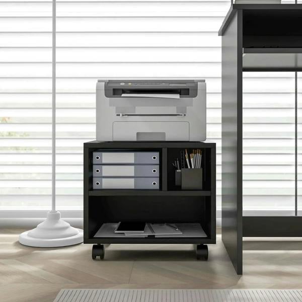 Black printer cabinet with central bay, side organizer, and caster wheels