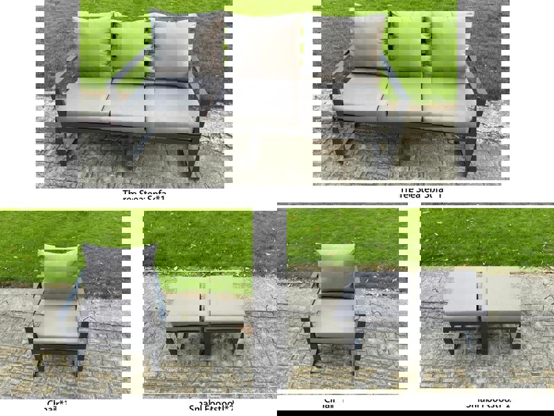 Fimous 6 Seater Aluminium Outdoor Dining Set with Adjustable Rising Dining Table Chairs with 2 Footstools - Dark Grey