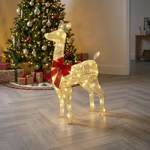 Garden Greatness Twinkling Lit Festive Fabric Doe with Red Bow