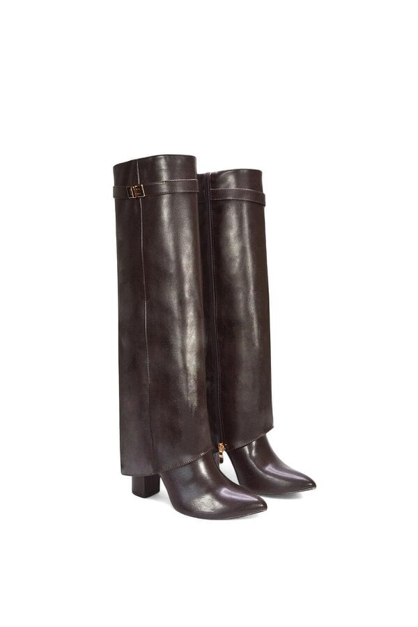 XY LONDON Block Heel Knee High Foldover Boots With Pointed Toe