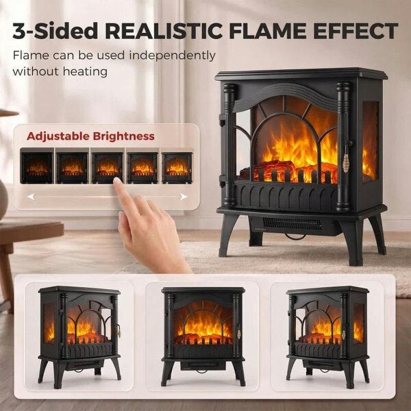 3-Sided Glass Electric Fire Fan Heater, Electric Fireplace Stove Freestanding Log Burner with Flame Effect, Black