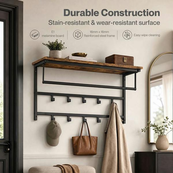 Levede Coat Rack Wall Mounted 10kg Wooden Shelf Hooks Hanger Storage Metal Brown