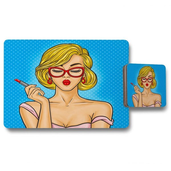 Benjamin Tate Design Pop art illustration woman paints her lips (Placemat & Coaster Set)