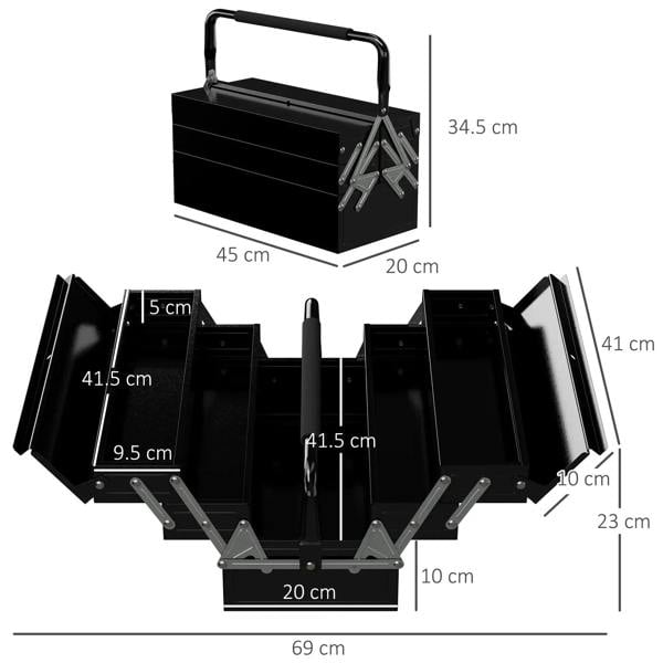 Black metal toolbox interior with five compartments and folding tray supports