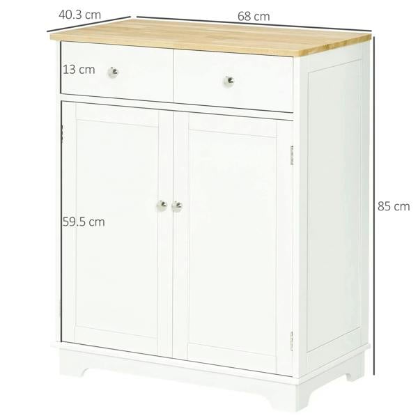 White cabinet with light wood top, top drawer, and double doors for storage