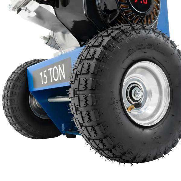 15T Log Splitter with durable rubber tires, blue body, and a digital display for easy operation and mobility