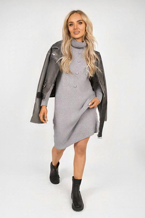 Ivanya High Neck Long Sleeve Knitted Jumper Dress With Bobble Detail - Grey