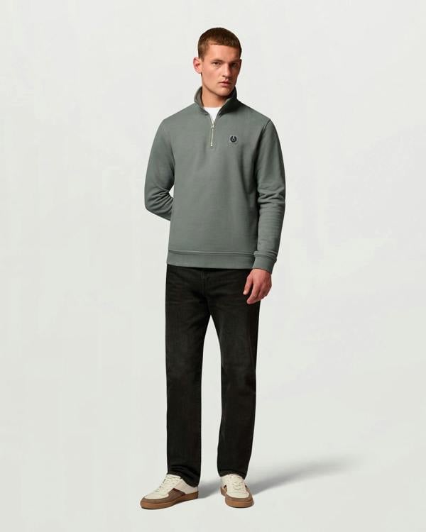 Belstaff Mens Logo Quarter Zip Sweatshirt - Atlantic Grey | CHO | Designer Mens Quarter Zip Sweatshirts