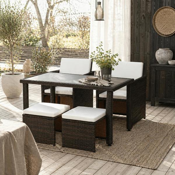 Wyld Haus Nevani Rattan Brown 2 Seater Cube Garden Dining Set With Armchairs Stools And Rectangular Glass Table