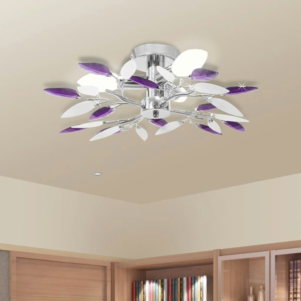 Berkfield Ceiling Lamp White & Purple Acrylic Crystal Leaf Arms 3 E14 Bulbs