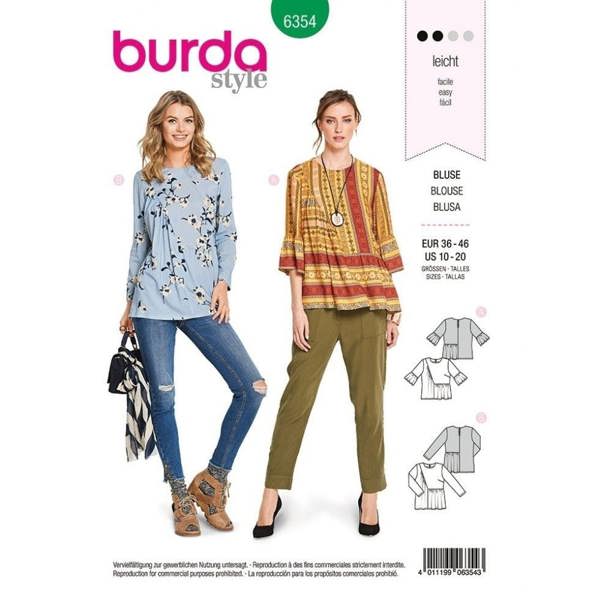 Burda Sewing Pattern 6354 Tops For Women, 10 to 20  - Easy