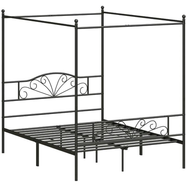 Canopy Bed Frame Double Size, Metal Platform Bed Frame with Headboard and Footboard, Underbed Storage, Black