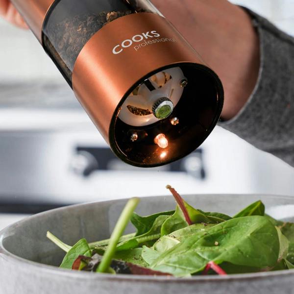 Cooks Professional Electric Salt and Pepper Mill Set with Bamboo Base | Copper