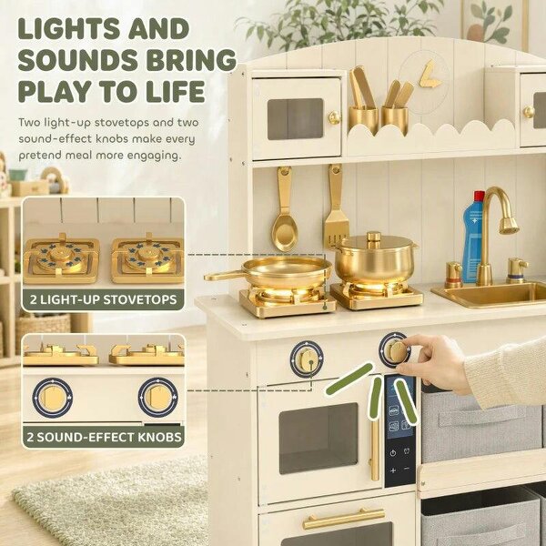 Bobobiy Kids Play Kitchen with Lights & Sounds, Pretend Play Toy set with 4 Fabric Drawers, 12-Piece Accessories for 3-6 Years