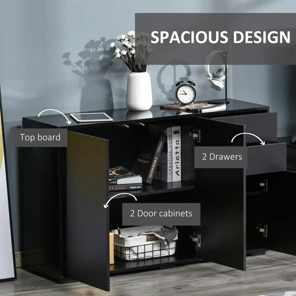 Black side cabinet with open doors showing storage shelves and drawer compartments