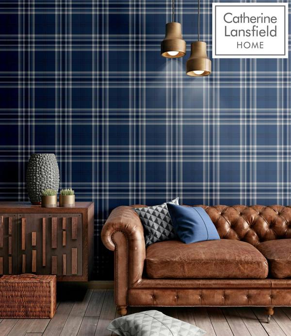 Catherine Lansfield Kelso Check Navy Wallpaper