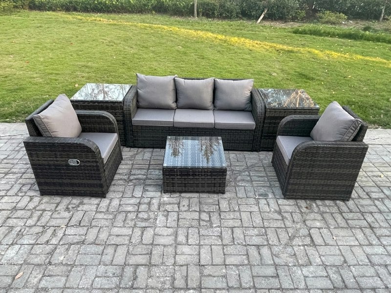 Fimous Garden Furniture Sets 5 Seater Wicker Rattan Furniture Patio Sofa Sets with Reclining Chair 3 Seater Sofa 2 Side Tables Dark Grey Mixed