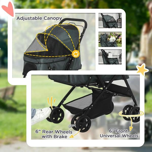 Grey pet stroller with adjustable canopy and wheels with brake, feature highlights shown.