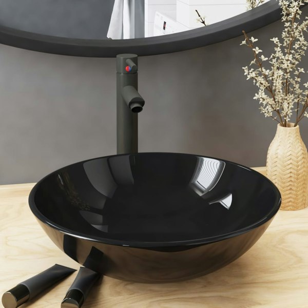 Berkfield Bathroom Sink with Tap and Push Drain Black Tempered Glass