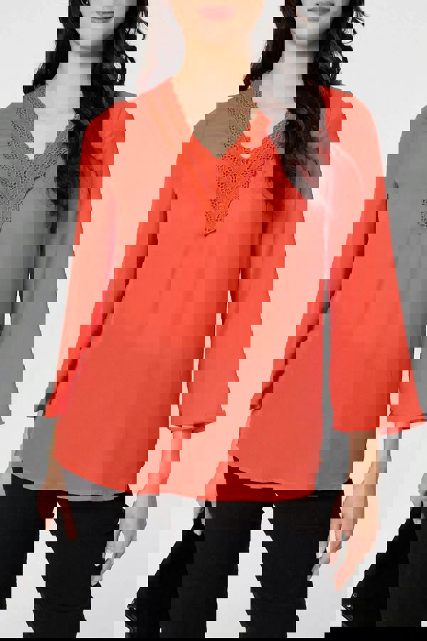 Orange | Lace Trim 3/4 Flare Sleeve Blouse