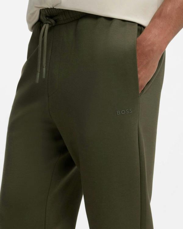 BOSS Green Hadiko Mens Stretch - cotton track pants with puff - print logo - Olive 398 | CHO | Designer Mens,Trousers,Joggers