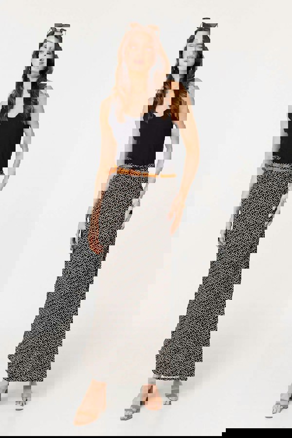 Black | Printed A-Line Belt Maxi Skirt