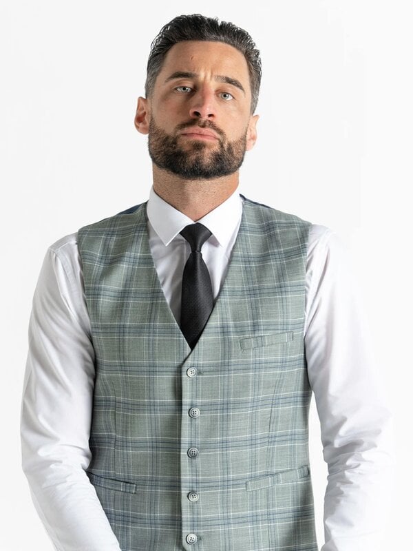 V2 Classic Kensignton Three Piece Suit - Olive with White and Blue Checks