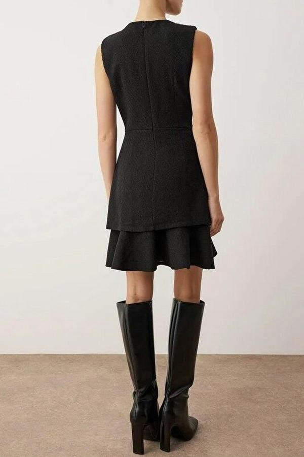 WOVCOR Buttoned Mini Tweed Woven Dress