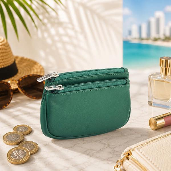 Green Leather Double Zip Coin Purse 