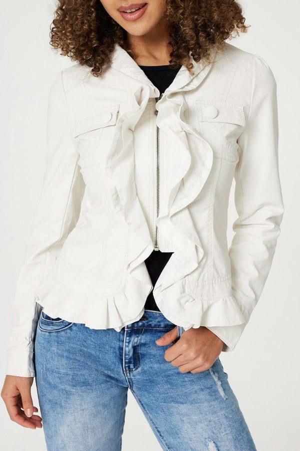 White | Frilled Front Faux Leather Jacket