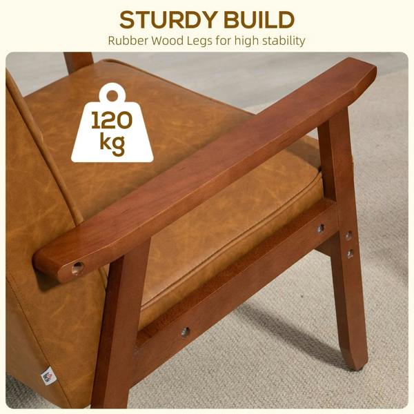 Brown accent chair with padded seat, solid wood frame, and wide armrests.