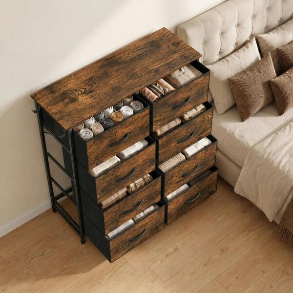 Chest of Drawers, Dresser for Bedroom with 8 Fabric Drawers, Tall Storage Unit w/ Side Storage Bag, Rustic Brown