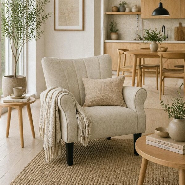 Wyld Haus Vikene Coni Fabric Beige Accent Armchair With Rolled Arms And Wooden Legs