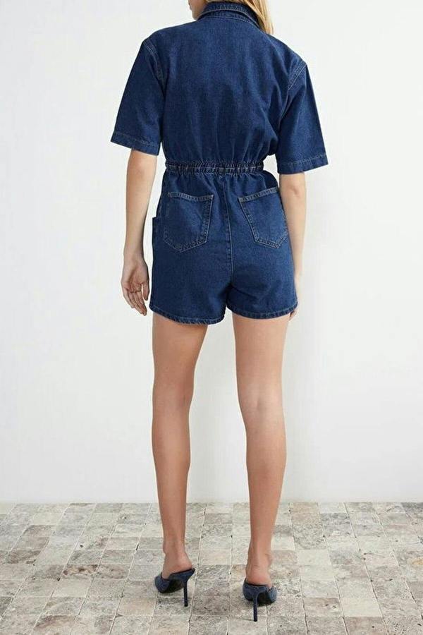 WOVCOR Elastic Waist Denim Shorts Playsuit