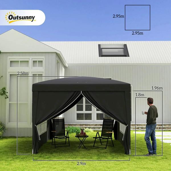 Black pop-up gazebo with sidewalls and windows, shown with size dimensions and open entry
