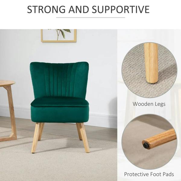 Green accent chair with tufted back and wooden legs with protective foot pads