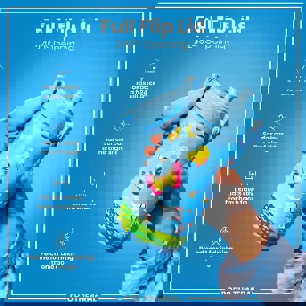 A child holds a blue water bottle with a 240° flip lid and butterfly design. The lid folds back completely, away from the face, for easy drinking. The bottle is advertised as perfect for on-the-go use.