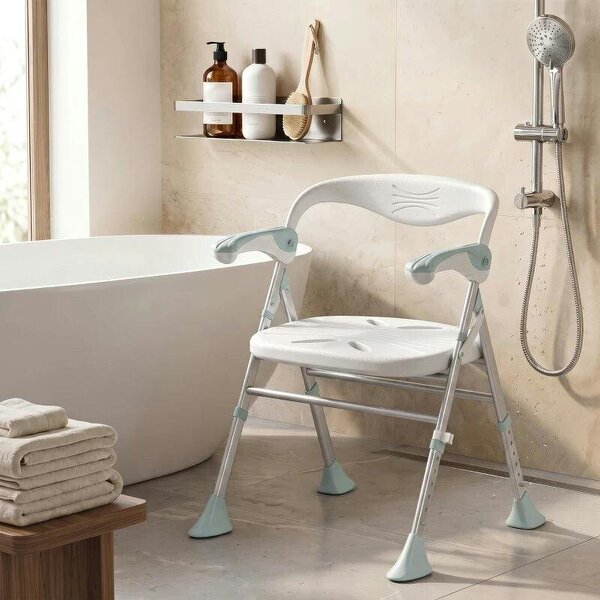 Foldable Shower Chair with Flip-Up Armrests, Shower Stool with Adjustable Height, Tool-Free Assembly, 136 kg