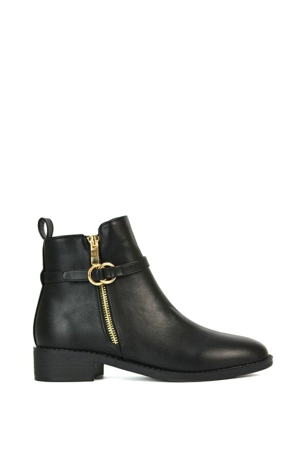 XY LONDON Flat Low Heel Ankle Booties With Decorative Buckle and Zip