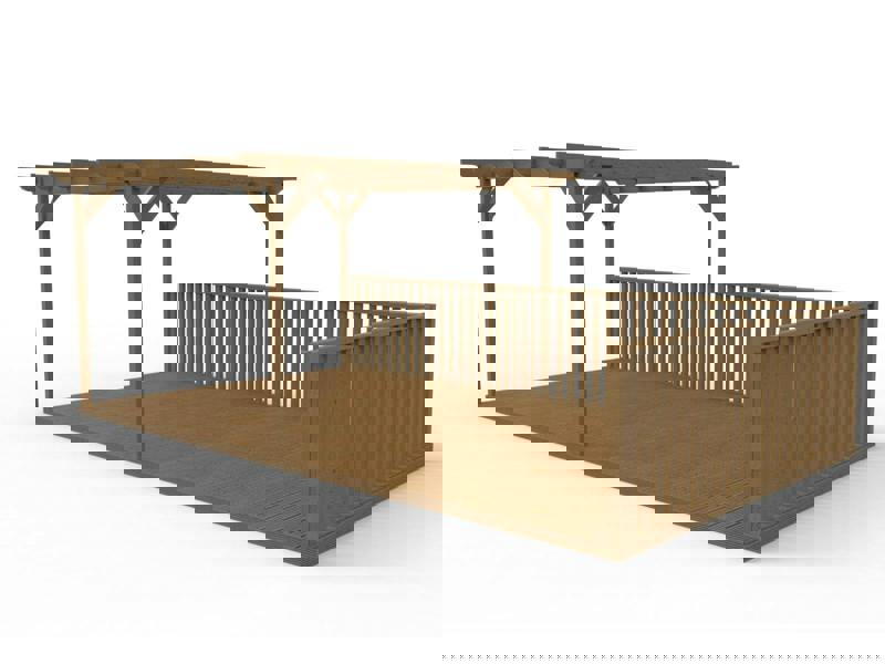 Rectangular pergola and decking kit with balustrade, made from pressure treated timber and high quality pergola posts, featuring a raised wooden deck, vertical slatted balustrade, and an open pergola roof frame.