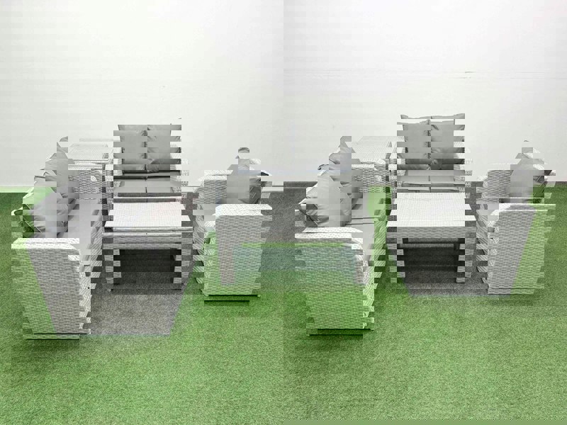 Fimous High Back Poly Rattan Garden Furniture Set - Light Grey Indoor/Outdoor Patio Set with Reclining Chair & Oblong Coffee Table