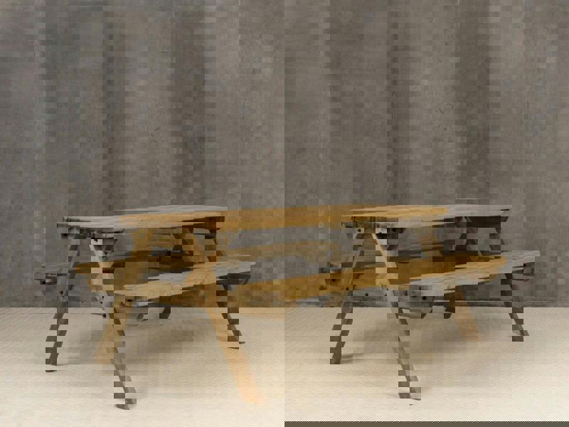 Fortem Rounded Pub Style Picnic Table and Benches Set - Rustic Finish Wooden Outdoor Dining Set for Gardens, Patios, and Pubs