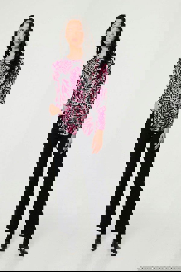 Pink | Animal Print Long Sleeve Curve Hem Top
