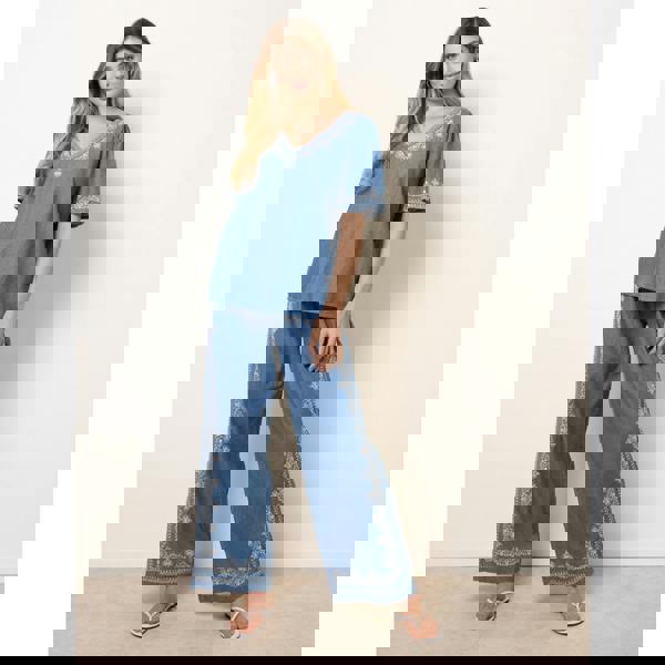 Blue Vanilla Floral Embroidery V Neckline Top