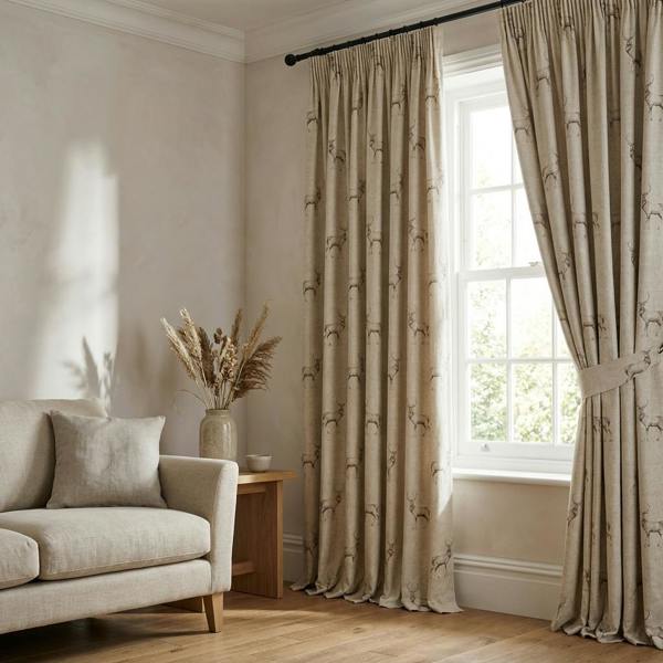 Glencoe made-to-measure curtains in Natural, styled in a living room