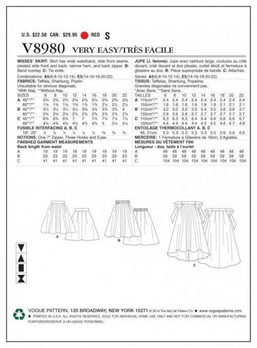 Vogue Sewing Pattern 8980, Skirts for Women, 6-8-10-12-14 - Easy