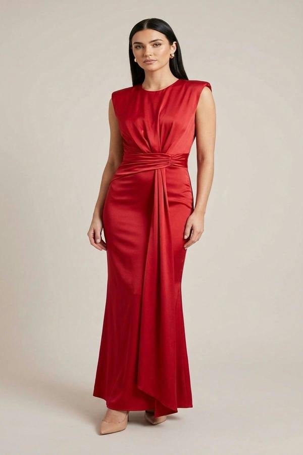 Nadia Sleeveless Gathered Maxi Dress With Drape - Red