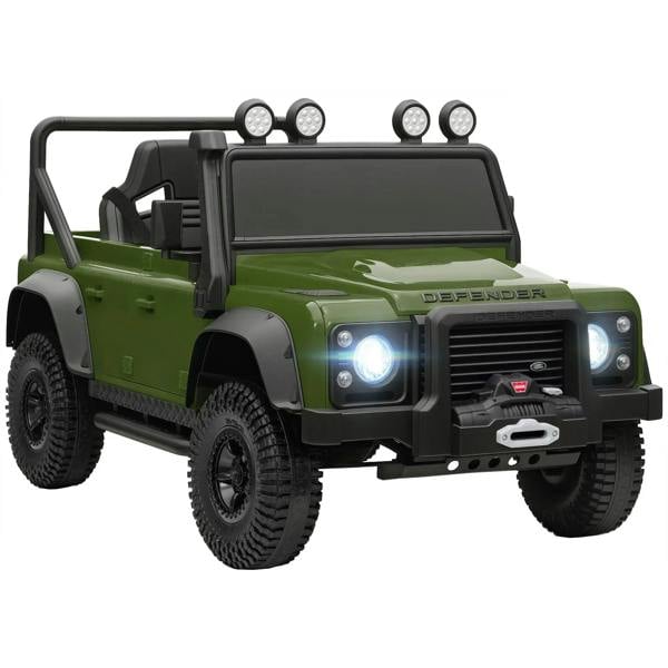 Green kids ride-on off-road car with LED headlights, grille, and horn panel