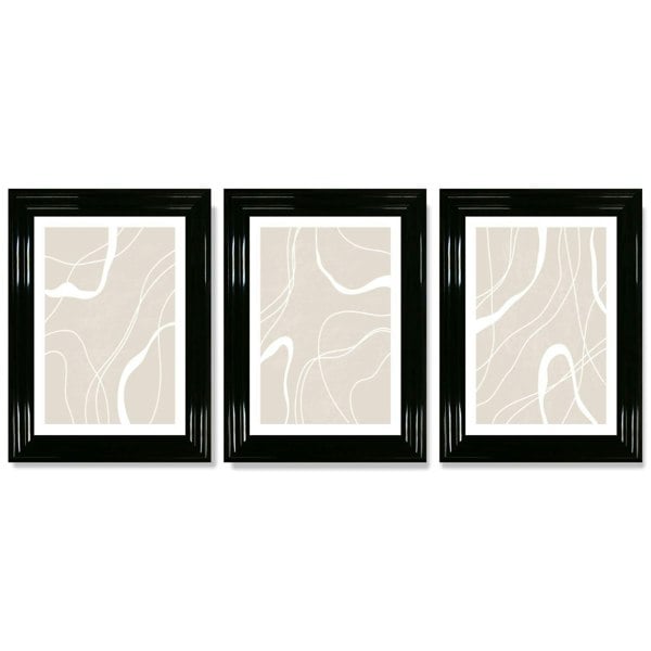 Set of 3 Abstract Neutral Beige Framed Art Prints with Glossy Black Frames