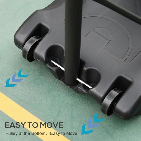Black base with carry grips on basketball hoop stand, stability and portability close-up